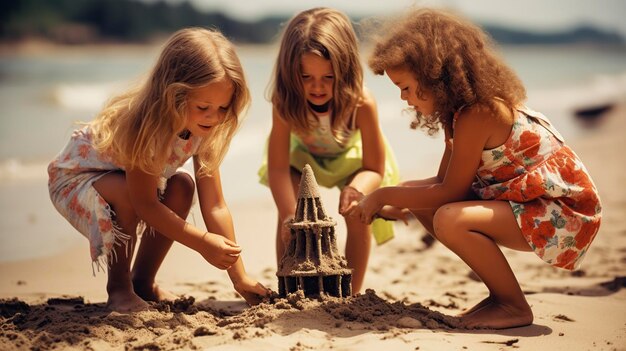kleine Mädchen, die Sandburgen am Strand bauen