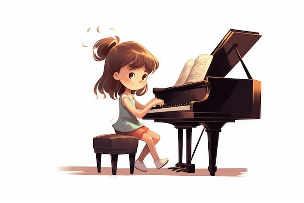 Kleine Mädchenfigur, die an einem Klavier sitzt und eine Melodie auf weißem Hintergrund spielt, der von der KI generiert wurde