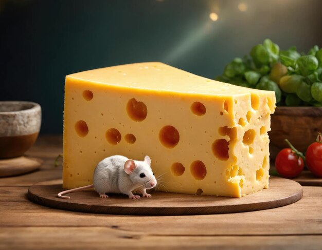 Foto kleine maus und käse auf einem holztisch