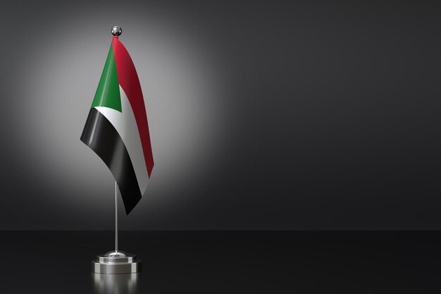 Kleine Nationalflagge der Republik Sudan auf schwarzem Hintergrund 3D-Rendering