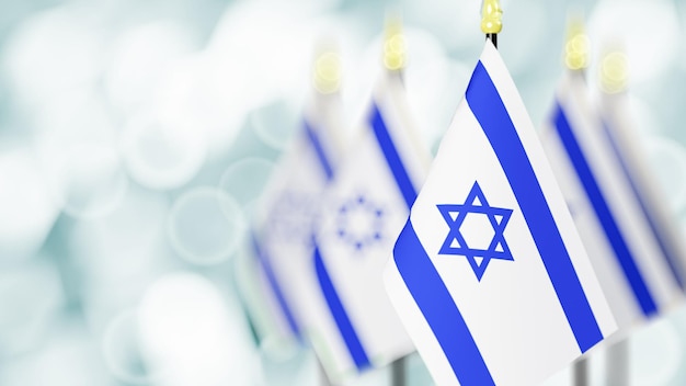 Kleine Nationalflaggen Israels auf Bokeh-Hintergrund 3D-Darstellung