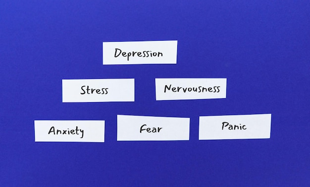 Kleine Papierstücke mit handgeschriebenen Wörtern Depression, Stress und Nervosität, Angst, Angst und Panik. Psychische Gesundheit, Störung. Flache Lage, Draufsicht auf sarkblauem Hintergrund.