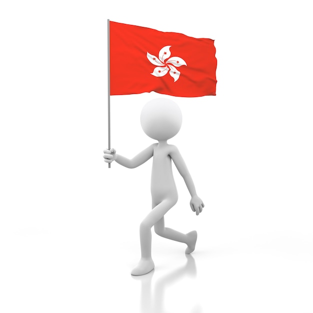 Kleine Person, die mit Hong Kong-Flagge in einer Hand geht. 3D-Rendering-Bild