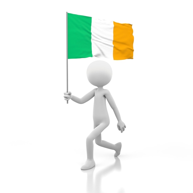 Kleine Person, die mit Irland-Flagge in einer Hand geht. 3D-Rendering-Bild