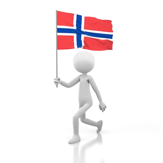 Foto kleine person, die mit norwegen-flagge in einer hand geht. 3d-rendering-bild