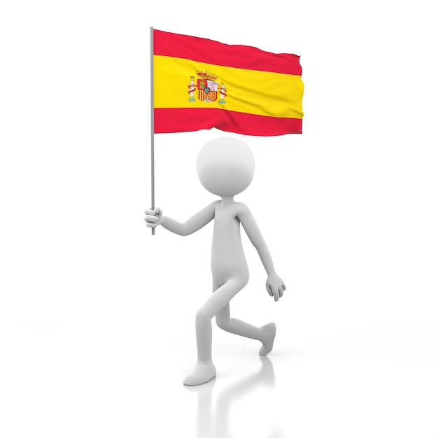 Kleine Person, die mit Spanien-Flagge in einer Hand geht. 3D-Rendering-Bild