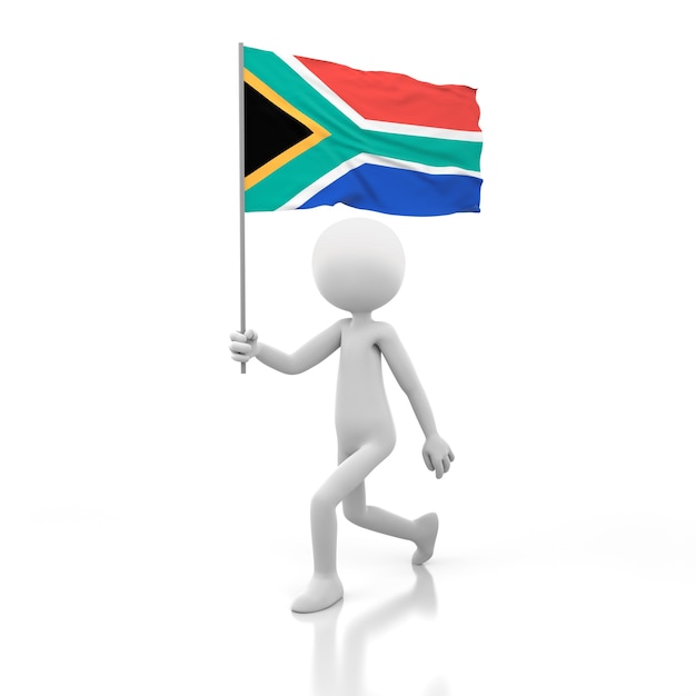 Kleine Person, die mit Südafrika-Flagge in einer Hand geht. 3D-Rendering-Bild