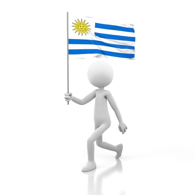 Kleine Person, die mit Uruguay-Flagge in einer Hand geht. 3D-Rendering-Bild