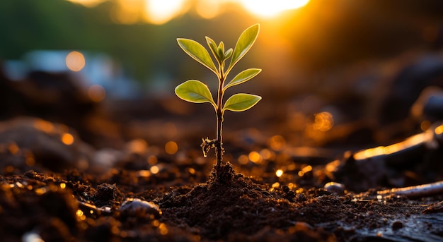 Kleine Pflanze wächst in der Sonne Gartensämling im Boden Generative KI