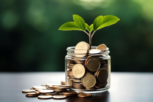 Kleine Pflanzen wachsen in einem Stapel Münzen und zeigen ein Konzept von Ersparnissen und Investitionen