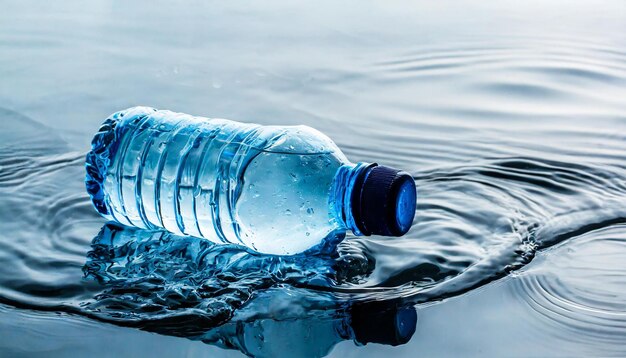 Kleine Plastikflasche an der Wasseroberfläche Mineralwasser