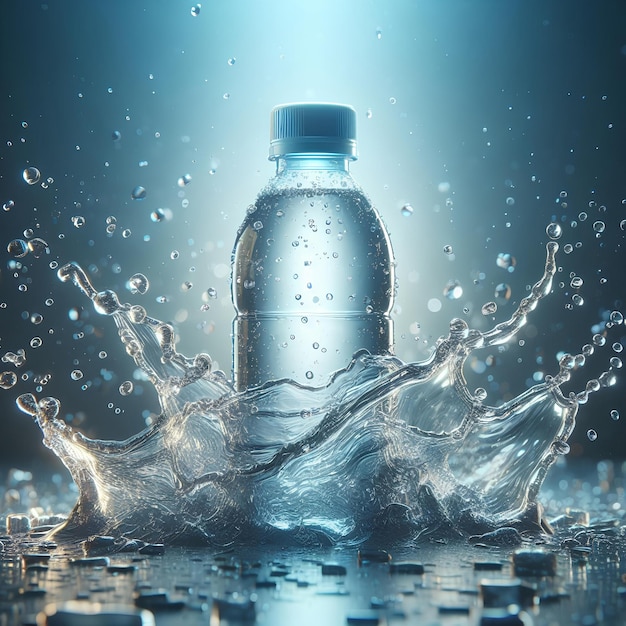 Kleine Plastikflasche mit blauem Wasser-Splash-Hintergrund