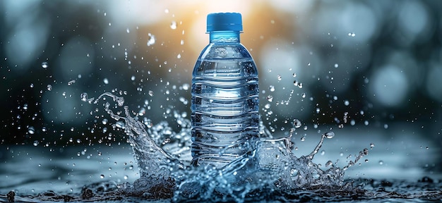 Kleine Plastikflasche mit Wasser-Splash-Hintergrund