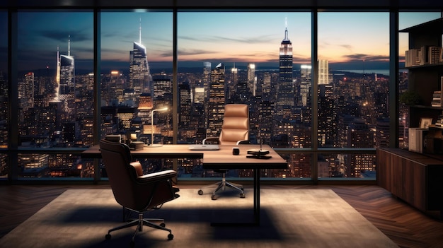 Kleine private Büroeinrichtung mit einem hölzernen Schreibtisch-Lederstuhl und einer weiten generativen KI mit Blick auf die Stadt
