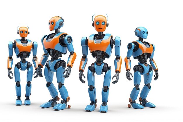 Foto kleine roboter mit menschlichem gesicht und humanoidem körper künstliche intelligenz ki orange und blaue roboter isoliert auf weißem hintergrund