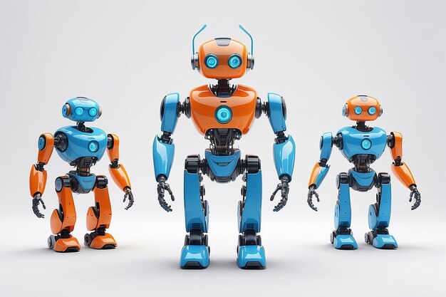 Kleine Roboter mit menschlichem Gesicht und humanoidem Körper Künstliche Intelligenz KI Orange und blaue Roboter isoliert auf weißem Hintergrund