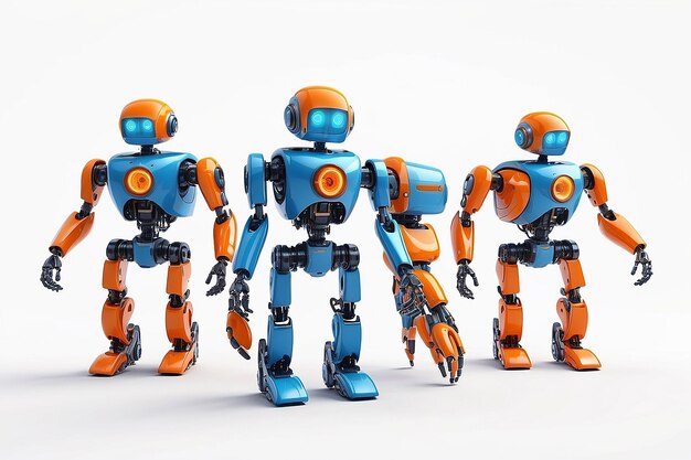 Kleine Roboter mit menschlichem Gesicht und humanoidem Körper Künstliche Intelligenz KI Orange und blaue Roboter isoliert auf weißem Hintergrund