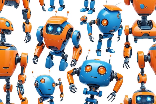 Kleine Roboter mit menschlichem Gesicht und humanoidem Körper Künstliche Intelligenz KI Orange und blaue Roboter isoliert auf weißem Hintergrund