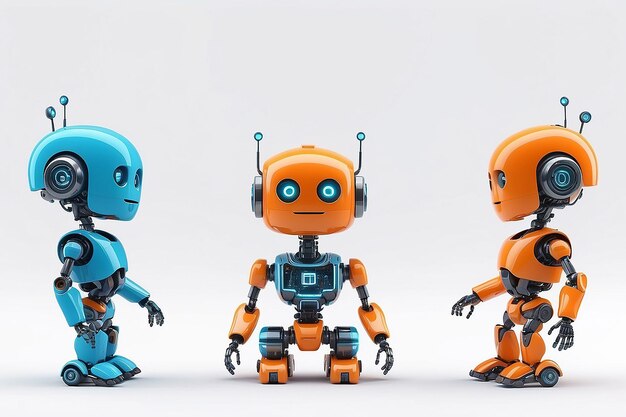 Kleine Roboter mit menschlichem Gesicht und humanoidem Körper Künstliche Intelligenz KI Orange und blaue Roboter isoliert auf weißem Hintergrund