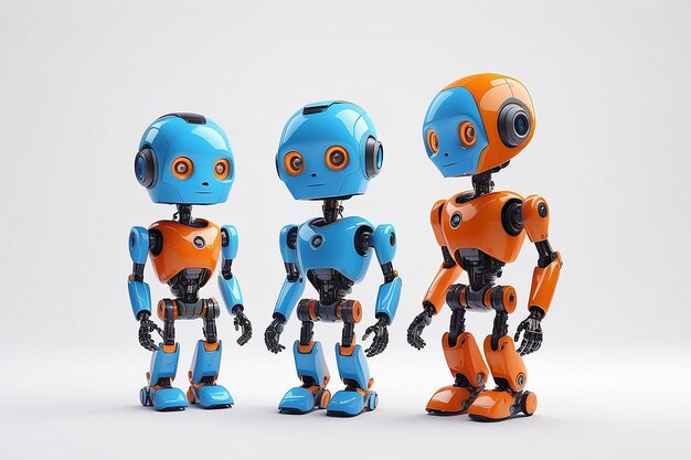 Kleine Roboter mit menschlichem Gesicht und humanoidem Körper Künstliche Intelligenz KI Orange und blaue Roboter isoliert auf weißem Hintergrund