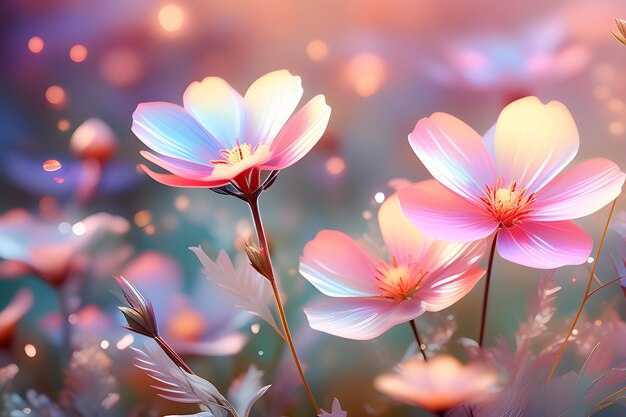 Kleine rosa Blüten auf einem weichen blauen und rosa Hintergrund im Freien Blumenhintergrund