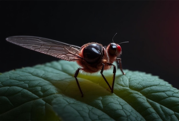 Kleine rote Fliege gruselig aus nächster Nähe im Fokus bunter Mitternachtsmond