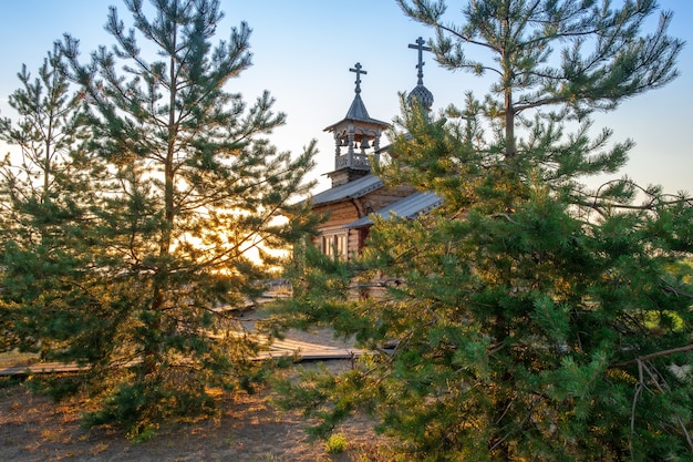Kleine russisch-orthodoxe Holzkirche zwischen hohen Bäumen im Wald mit schönem Sonnenlicht