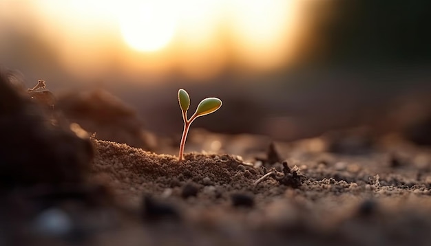 Foto kleine schöne blume, die bei sonnenuntergang aus dem dreck sprießt, neues lebenskonzept generative ki