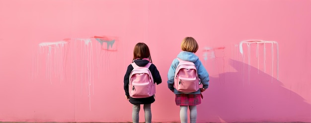 Kleine Schüler aus der Rückseite gegen eine Stiftmauer Kinder Zurück zur Schule Banner