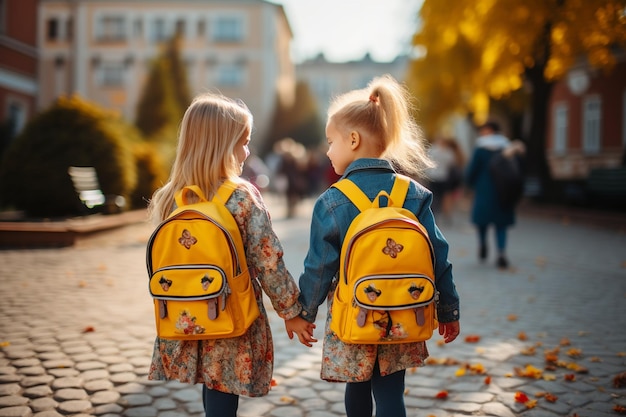 Kleine Schüler mit Rucksäcken zurück zur Schule, generative KI