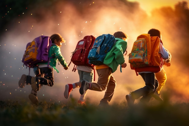 Kleine Schulkinder laufen mit bunten Schultaschen und Rucksäcken zur Schule
