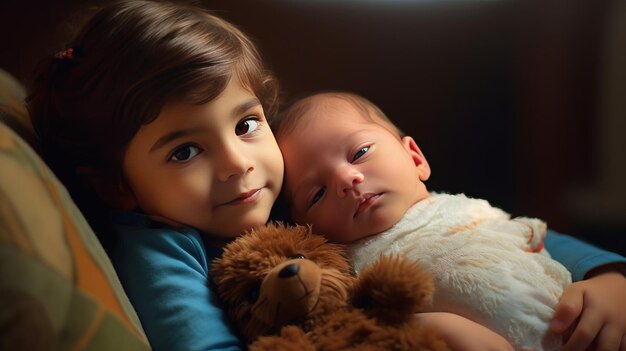 Kleine Schwester mit ihrem kleinen Bruder zu Hause Fotografie in hellen Farben