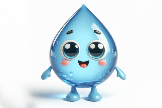 Kleine süße 3D-Figur mit fröhlichem Wasser und großen Augen auf einem soliden, weißen Hintergrund, ai generativ