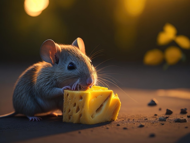 Kleine süße Maus, die ein Stück Käse isst.