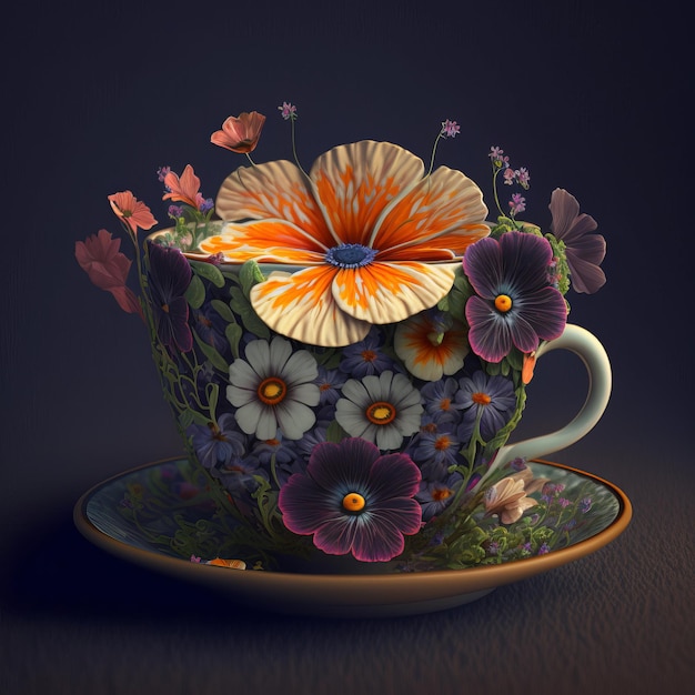 Kleine Tasse auf schwarzem Hintergrund mit verschiedenen Blumen Generative AI