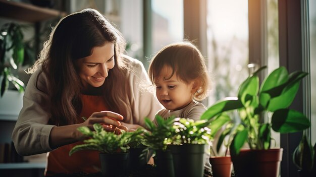 Kleine Tochter und Mutter kümmern sich zu Hause um Zimmerpflanzen