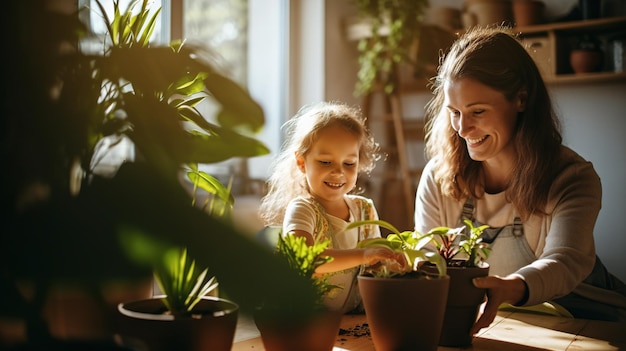 Kleine Tochter und Mutter kümmern sich zu Hause um Zimmerpflanzen