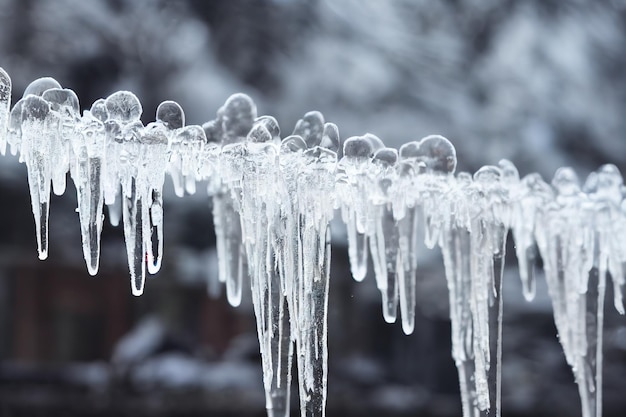 Kleine transparente Eiszapfen mit Wasser auf Haus auf unscharfem dunklem Hintergrund