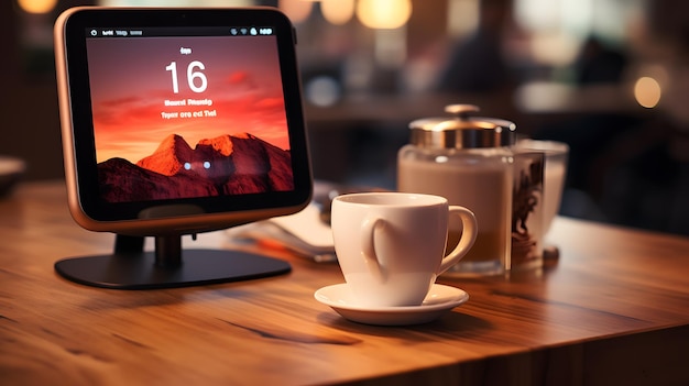 kleine Uhr auf einem Tisch mit einer Tasse Kaffee Generative KI
