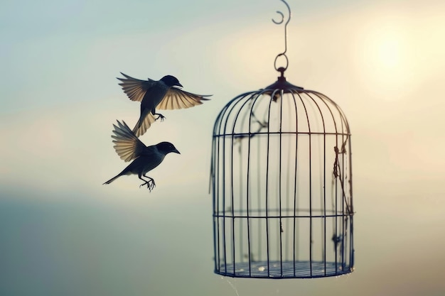 kleine Vögel fliehen aus dem Vogelkäfig Freiheit Konzept Freiheit Konzept
