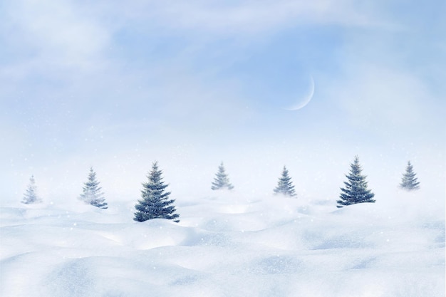 Kleine Weihnachtsbäume vor dem Hintergrund von Schneeverwehungen und einem blauen Himmel mit Mond Minimalistische Winterlandschaft