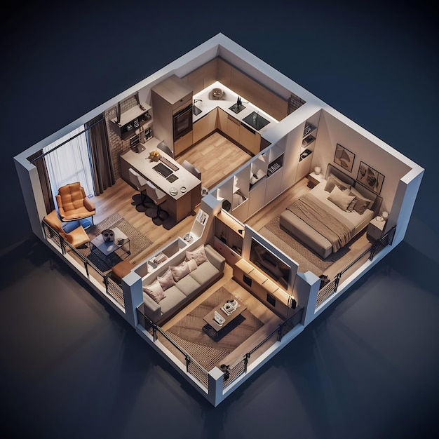 Kleine Wohnung Design das Layout der Räumlichkeiten Raum Zonierung Sicht von oben 3D-Rendering