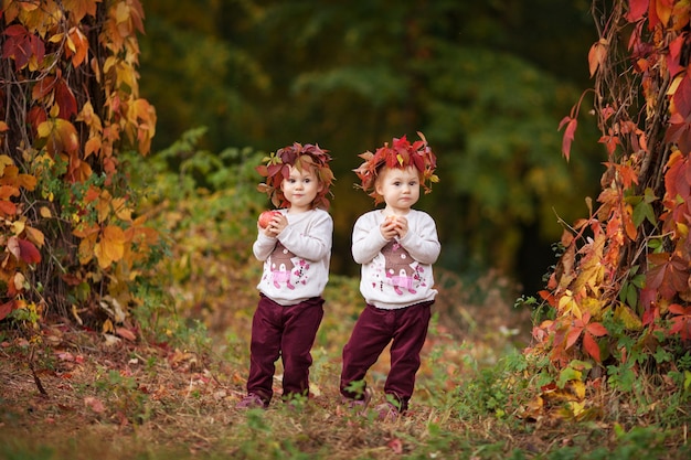 Kleine Zwillingsmädchen halten Äpfel im Herbstgarten Gesunde Ernährung Halloween und Erntedankfest