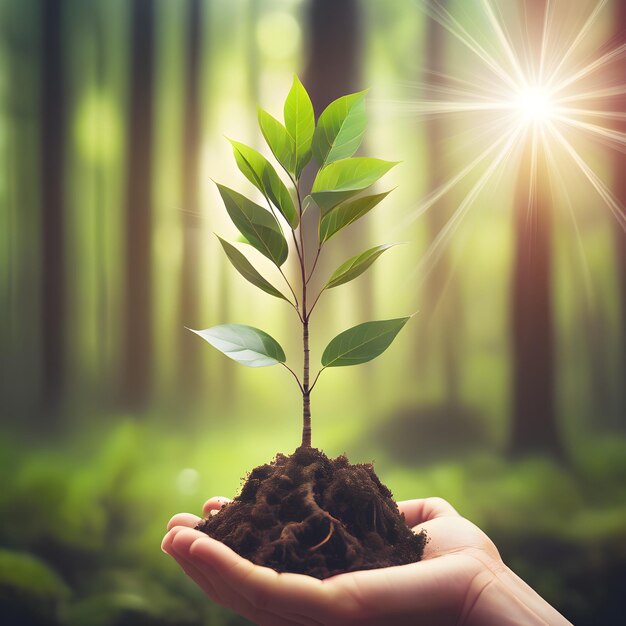 Kleiner Baum in der Hand für das Pflanzen im grünen Wald mit Flare-Effekt