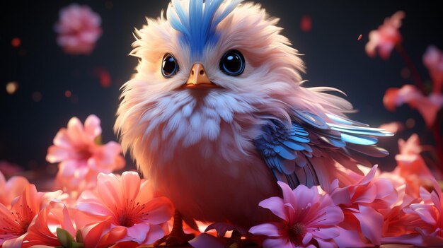 Kleiner blauer Vogel, der auf rosa Blumen sitzt