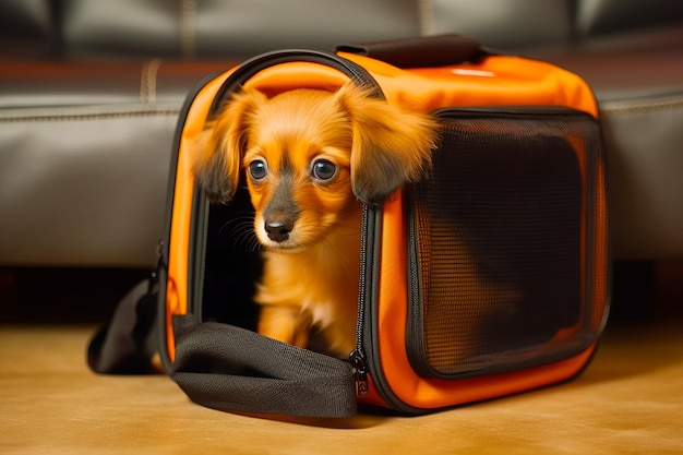 Kleiner brauner und schwarzer Hund in einem orangefarbenen und schwarzen Gepäckbeutel Generative KI