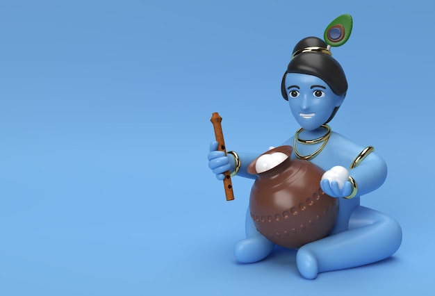 Kleiner Cartoon Krishna mit einem Topf Butter. 3D-Render-Abbildung.