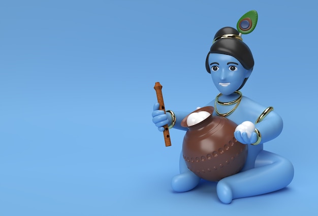 Foto kleiner cartoon krishna mit einem topf butter. 3d-render-abbildung.