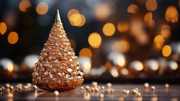 Kleiner dekorativer glänzender Weihnachtsbaum in der Nähe auf einem verschwommenen Hintergrund