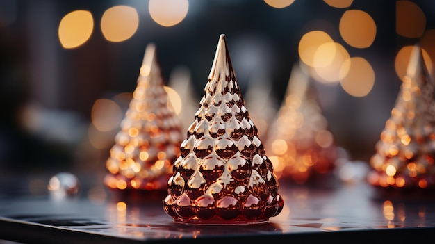 Kleiner dekorativer glänzender Weihnachtsbaum in der Nähe auf einem verschwommenen Hintergrund